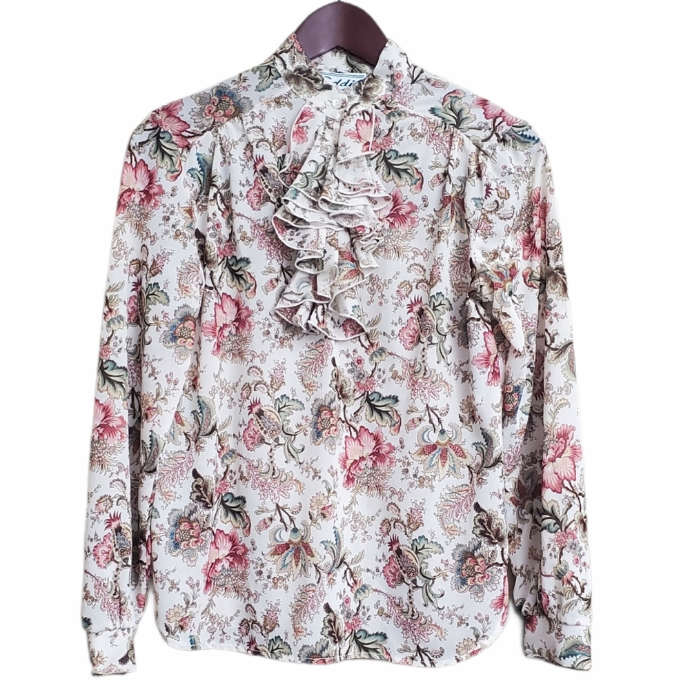 Vintage 70's Floral High Neck Tuxedo Ruffle Blouse Small